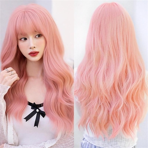 

Long Wavy Blonde Wig For Women Daily Use Party And Cosplay Natural Synthetic Hair Wigs With Air Bangs Lolita Wig 23 Inch Christmas Party Wigs