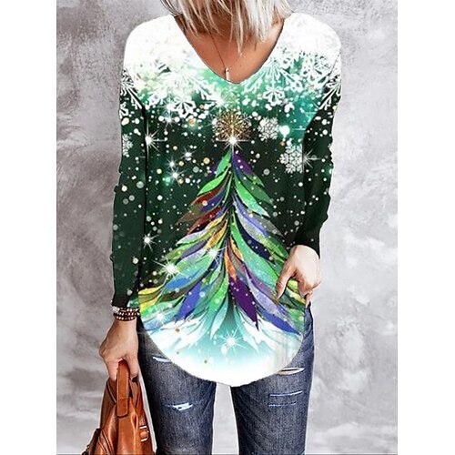 

Femme T shirt Tee Chemise de Noël Vert Arbre de Noël Motif de flocon de neige Imprimer manche longue Soirée Noël Fin de semaine Fête / Célébration Col V Standard Peinture Printemps Automne