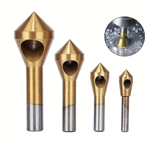 

4 pcs fraise à revêtement en titane foret d'ébavurage coupe-trou conique, ensemble d'outils de chanfrein en aluminium forets à bois en métal (2-5 mm, 5-10 mm, 10-15 mm, 15-20 mm)