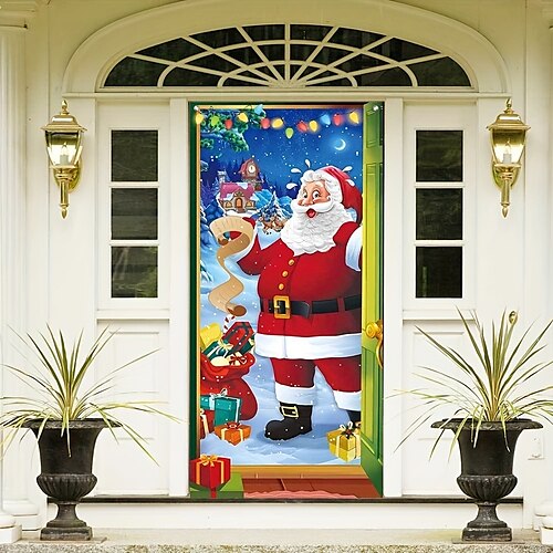 

Noël Père Noël porte couvre décoration toile de fond porte bannière pour porte d'entrée ferme noël vacances fête décor fournitures