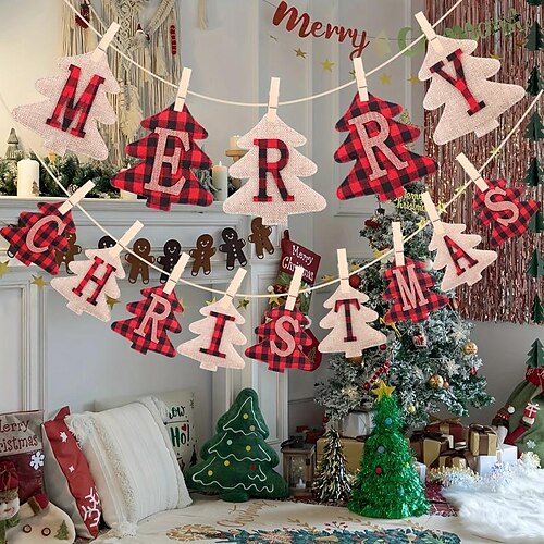 

Joyeux Noël toile de jute bannière-chaussette décoration de Noël en forme, décor suspendu intérieur extérieur, décorations de Noël rustiques pour cheminée de manteau, décoration de fournitures de fête de Noël