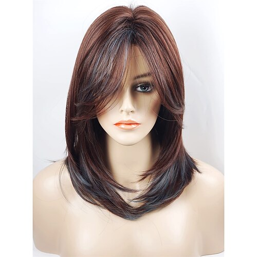 

Medium Length Layered Wigs Dark Brown with Blue Highlights wigs Layered wig with bangs Synthetic wig Highlight wigs for white Women Christmas Party Wigs