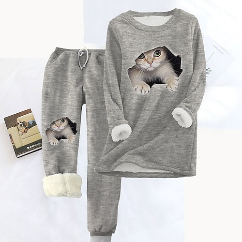 

Women's Fleece Cat Print Pajamas Sets Warm Lounge Sets Warm Fuzzy Fluffy Soft Carnival Home Christmas Polyester Warm Gift Crew Neck Long Sleeve Hoodie Pant Fall Winter Red Gray