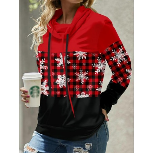 

Women's Pullover Christmas Sweatshirt Sportswear Festival Red Plaid Snowflake Party Christmas Pile Neck Long Sleeve Top Micro-elastic Fall Winter