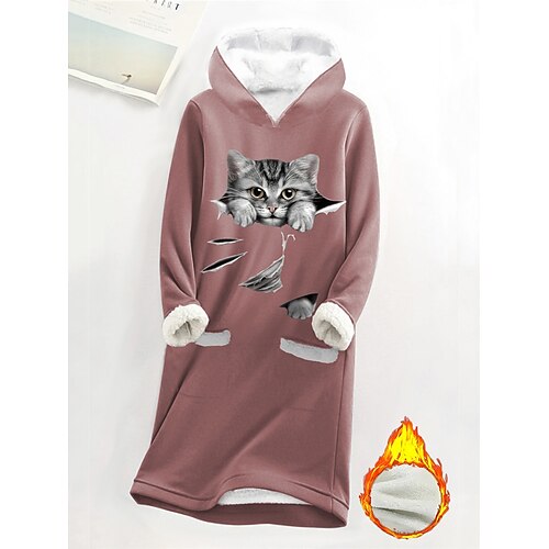 

Damen Sweatkleid Casual kleid Midikleid Sherpa Fleece gesäumt Warm Outdoor Ausgehen Wochenende Kapuzenpullover Bedruckt Tasche Katze Lockere Passform Rosa Blau Grau S M L XL XXL