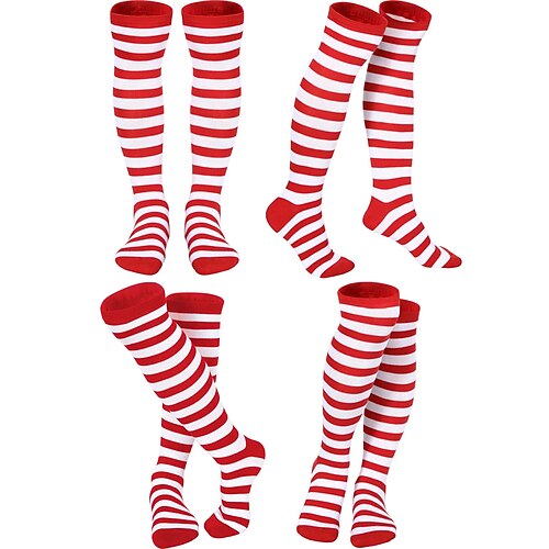 

4 pares de calcetines de rayas navideñas calcetines clásicos de arcoíris hasta la rodilla de payaso para mujeres y niñas