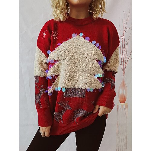 

Pull de Noël moche Pull Maille Femme A côtes Tricoter Normal Paillettes Chaque Col Ras du Cou mode Décontractées Extérieur Noël manche longue Automne Hiver Rouge Bleu S M L