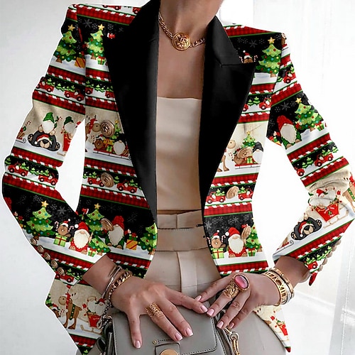 

женский рождественский блейзер рождественская куртка с принтом «Санта-Рождественская елка» для вечеринки, рождественское пальто, осень, повседневная/повседневная верхняя одежда, длинный рукав, красный
