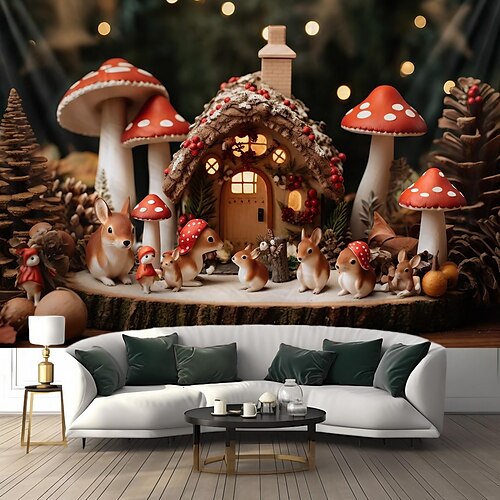 

Christmas Mushroom Squirels Hanging Tapestry Wall Art Xmas Large Tapestry Mural Decor Photograph Backdrop Blanket Curtain Home Bedroom Living Room Decoration