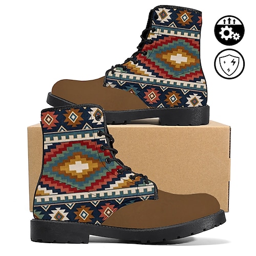

Botas masculinas retrô ocidentais coloridas com padrão étnico e estampa gráfica de couro sintético, botas de cano médio