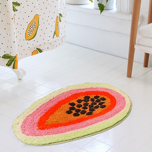 

Tapis de salle de bain en forme de fruit d'animal mignon, tapis de bain antidérapant, tapis de douche doux en peluche en microfibre absorbant l'eau, tapis de sol épais à poils longs, lavable en