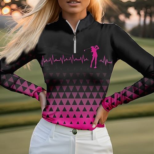 

Damen poloshirt Golfhemd Atmungsaktiv Schnelltrocknend Feuchtigkeitsableitung Langarm Golfbekleidung Golfkleidung Regular Fit Zip Stehkragen Geometrie Frühling Herbst Tennis Golfspiel Pickleball