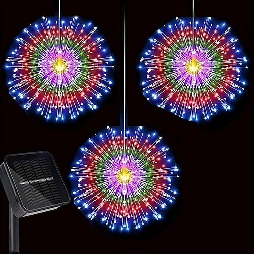 

1pc Solar Panel With 3pcs Hanging Solar Firework Lights 270LEDs Starburst Lights Copper Wire Outdoor Waterproof Lights 8 Lighting Modes Fairy Decorative String Lights for Patio Umbrella, Eave, Garden