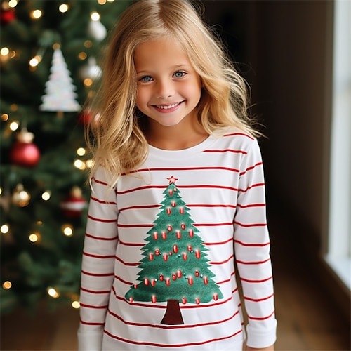 

Weihnachten Mädchen 3D Weihnachtsbaum Streifen T-Shirt Hemd Langarm 3D-Druck Herbst Winter Aktiv Modisch Kuschelig Polyester kinderkleidung 3-12 Jahre Rundhalsausschnitt Outdoor Casual Täglich