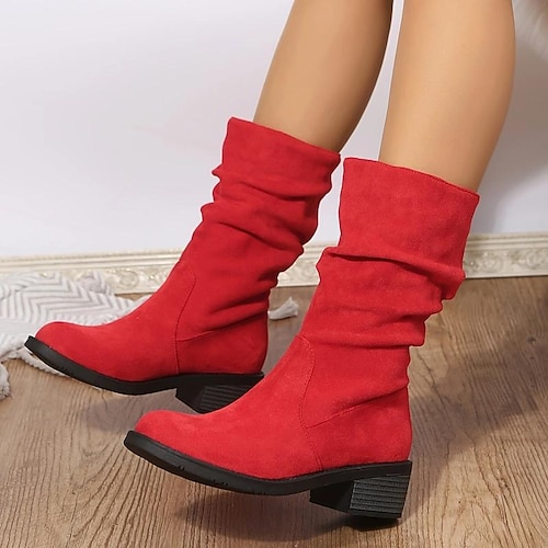 

Women's Boots Xmas Shoes Slouchy Boots Plus Size Outdoor Christmas Daily Mid Calf Boots Winter Block Heel Chunky Heel Pointed Toe Vintage Fashion Minimalism Faux Suede Loafer Solid Color Wine Black