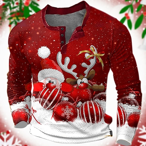 

Graphic Santa Claus Bells Fashion Designer Casual Men's 3D Print Henley Shirt Waffle T Shirt Sports Outdoor Holiday Festival Christmas T shirt Red Burgundy Long Sleeve Henley Shirt Spring & Fall