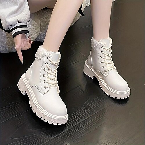 

Women's Boots Combat Boots Lace Up Boots Party Outdoor Daily Fleece Lined Booties Ankle Boots Chunky Heel Round Toe Punk Fashion Gothic PU Lace-up Solid Color Black White Yellow