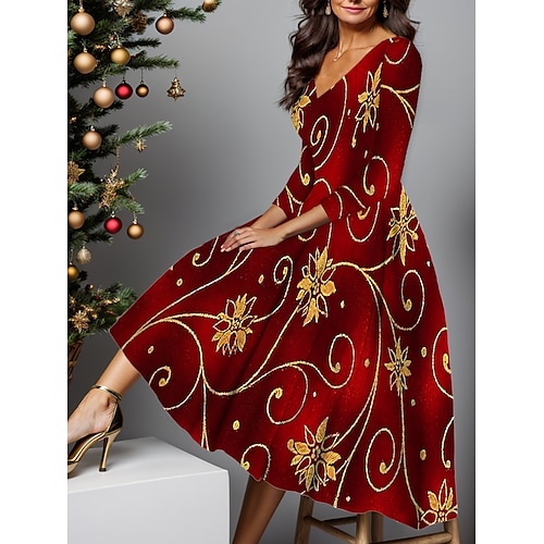 

Mujer Vestimenta casual Vestido de Navidad Vestido de invierno Floral Copo Estampado Escote en Pico Vestido Midi Moda Ropa de calle Exterior Navidad Manga 3/4 Ajuste regular Negro Vino Rojo Otoño