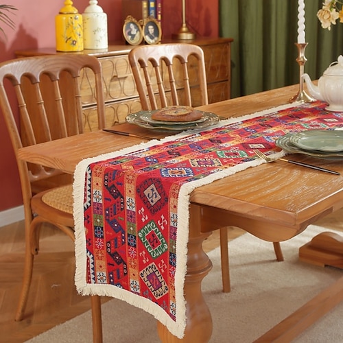 

Boho Table Runner Vintage Farmhouse Tassel Rustic Table Runners,Floral Jacquard Cotton Jute Dining Table Cloth Decoration for Christmas Decoration Holiday Decor