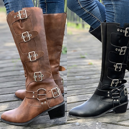 

Mujer Botas Botas de Combate Botas de Moto Tallas Grandes Exterior Diario Botas hasta la rodilla Hebilla Tacón Cono Tacón Cuadrado Dedo redondo Vintage Casual Minimalismo Cuero Sintético Cremallera