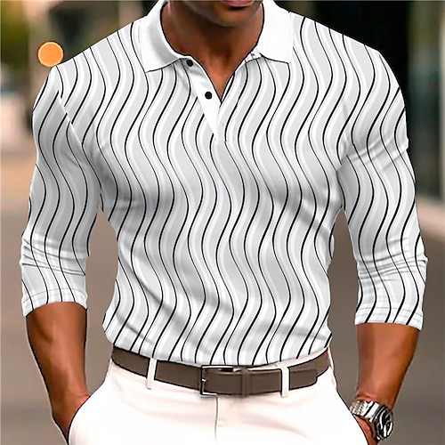 

Linear Men's Abstract Print 3D Golf Polo Outdoor Casual Daily Streetwear Polyester Long Sleeve Turndown Polo Shirts Black White Fall & Winter S M L Micro-elastic Lapel Polo