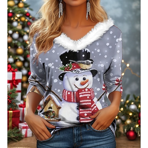 

Damen T Shirt Weihnachts-Shirt Grau Schneemann Bedruckt Langarm Party Weihnachten Wochenende Fest / Feiertage Pelzkragen Regular Fit Farbe Herbst Winter