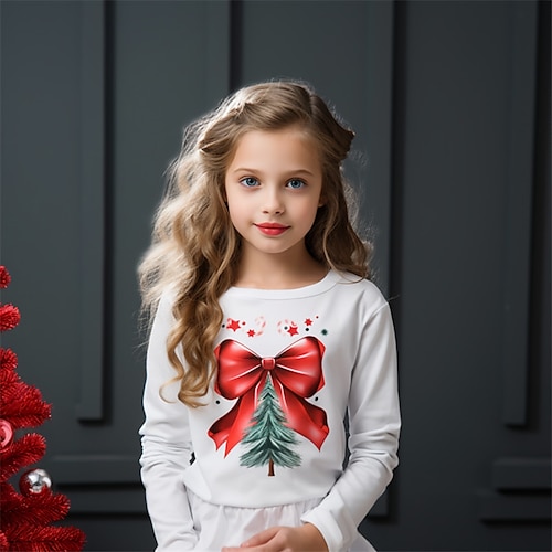 

Navidad Chica 3D Árbol de Navidad Lazo Camiseta Camisa Manga Larga Impresión 3D Otoño Invierno Activo Moda Estilo lindo Poliéster Niños 3-12 años Cuello Barco Exterior Casual Diario Ajuste regular