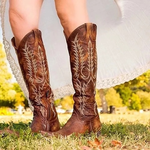 

Damen Stiefel Cowboy Westernstiefel Motorradstiefel Übergrössen Outdoor Täglich Stiefel über Knie Winter Blockabsatz Runde Zehe Vintage Klassisch Brautkleider schlicht PU Halbschuhe Feste Farbe