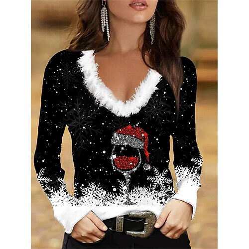 

Femme T shirt Tee Chemise de Noël Noir Motif de flocon de neige Verre de vin Strass Imprimer manche longue Soirée Noël Fin de semaine Fête / Célébration col de fourrure Col V Standard Peinture