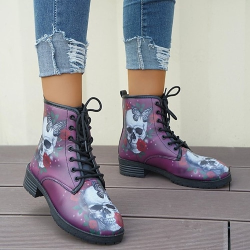 

Women's Boots Combat Boots Daily Mid Calf Boots Winter Block Heel Round Toe Vacation Casual Comfort Faux Leather Lace-up Floral Color Block Black / Red Black Blue