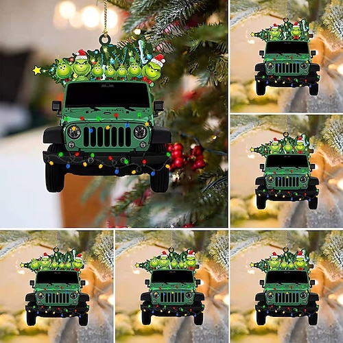 

Green Monster Car Christmas Tree Ornaments 2D Acrylic Xmas Number of family members Grinch Decoration Tree Pendant Funny 2D Acrylic Pendant Christmas Decor for Home Holiday Party Funny Ornaments