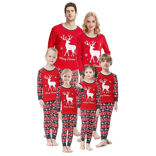 

Family Christmas Pajamas Cartoon Plaid Letter Home Print Red Long Sleeve Mommy And Me Outfits Active Matching Outfits