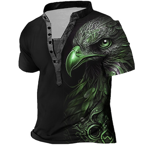 Maglietta Uomo Sportiva Con Bandiera Americana E Aquila – Manica Corta, Finto Scollo A V, Henley