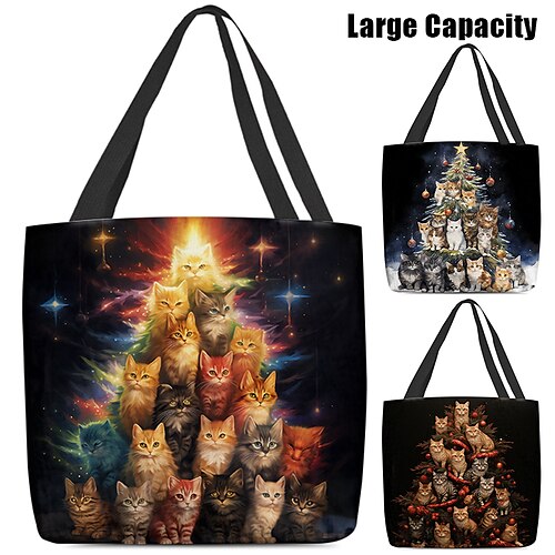 

Damen Stoffbeutel Schultertasche Leinentragetasche Polyester Outdoor Weihnachten Einkauf Bedruckt Hohe Kapazität Klappbar Leichtgewichtig Katze Schwarz Gelb Dunkelblau