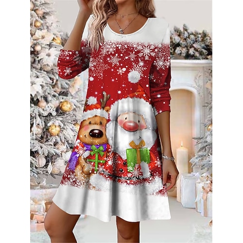 

Women's Red Christmas Dress Christmas Dress Santa Claus Snowman Print V Neck Mini Dress Ugly Fashion Outdoor Christmas Long Sleeve Loose Fit White Dark Red Wine Fall Winter S M L XL XXL
