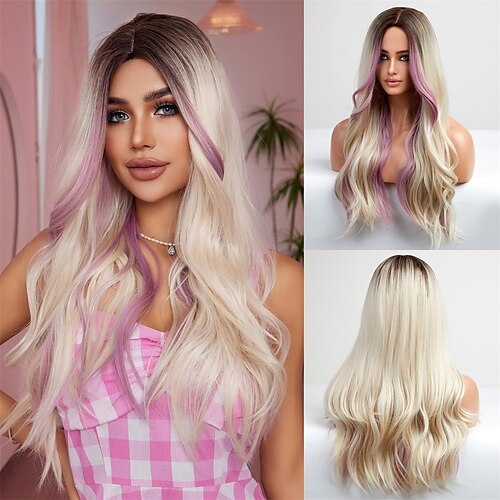 

Long Blonde Pink Highlights Wavy Wig for Women Natural Ombre Dark Roots Middle Part Heat Resistant Synthetic Fiber High Density Curly Hair Wigs for Daily Cosplay Party Halloween Christmas 26In