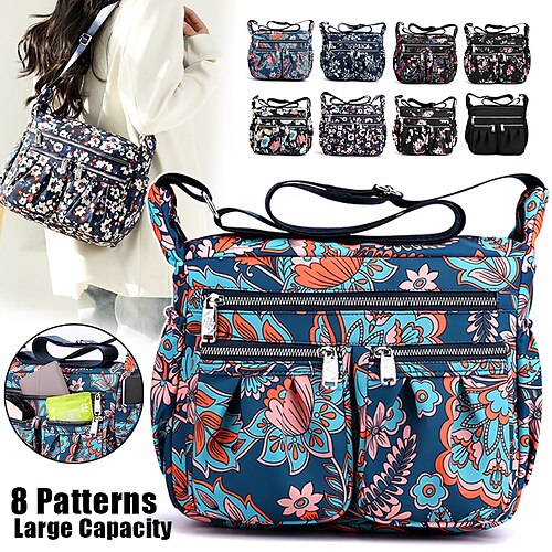 

Women's Crossbody Bag Shoulder Bag Hobo Bag Nylon Outdoor Daily Holiday Zipper Large Capacity Waterproof Lightweight Flower Magnolia White flowers on blue background Colorful flowers