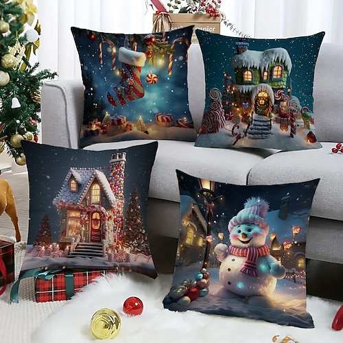 

Christmas Decorations Double Side Pillow Cover 4PC Fairytale Snowman Xmas Soft Decorative Square Cushion Case Pillowcase for Bedroom Livingroom Sofa Couch Chair