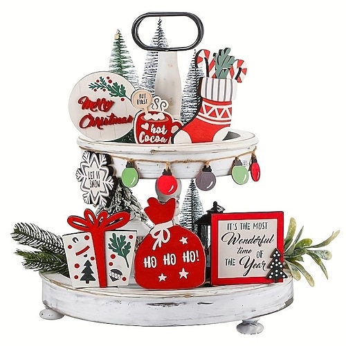 

12pcs/set Christmas Tiered Tray Decoration, Gifts, Snowflakes, Wallets, Socks, Coffee, Letters Sign Wooden Ornaments, Home Layered Tray Decoration Set, Holiday Supplies, Christmas Gifts, New Year Part