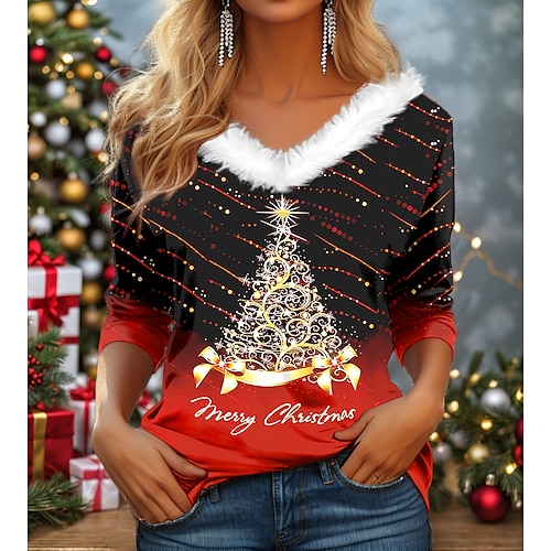 

Women's T shirt Tee Christmas Shirt Christmas Tree Sparkly Yellow Red Green Print Long Sleeve Party Christmas Weekend Festival / Holiday Fur Collar V Neck Regular Fit Fall Winter