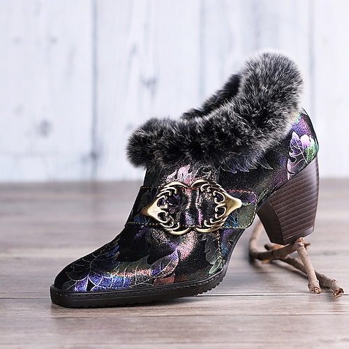 

Women's Boots Plus Size Handmade Shoes Daily Booties Ankle Boots Buckle Kitten Heel Pointed Toe Vintage Casual Comfort Leather Faux Fur Zipper Floral Black Yellow