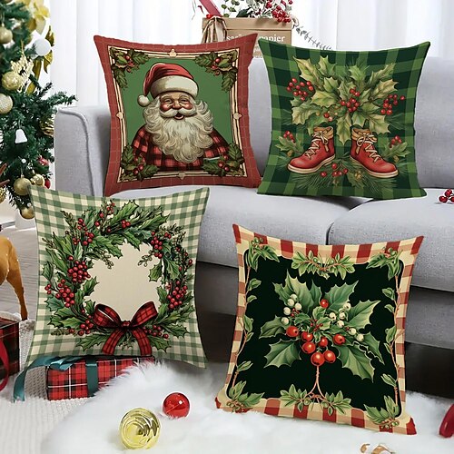 

Capa de almofada dupla face de Natal Santa Holly 4 peças de almofada quadrada decorativa macia de Natal para quarto e sala de estar sofá cadeira