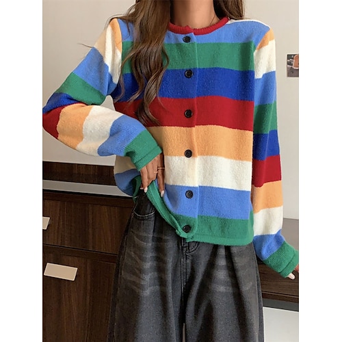 

Mujer Cárdigan Chaqueta suéter Cuello Barco Estriado Tejer Acrílico Botón De Punto Otoño Invierno Regular Exterior Diario Noche Elegante Casual Suave Manga Larga Bloque de color A Rayas Verde Trébol