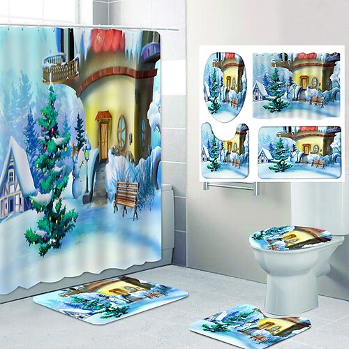 

Juego de 4 cortinas de ducha decorativas de Navidad para baño, decoración moderna para el hogar, con alfombrilla de baño en forma de U y tapa de inodoro y 12 ganchos.
