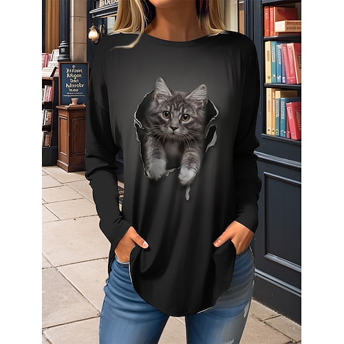 

Femme T shirt Tee Noir Rouge Violet Chat 3D Imprimer manche longue du quotidien Fin de semaine Mode Col Rond Standard Chat 3D Peinture Printemps Automne