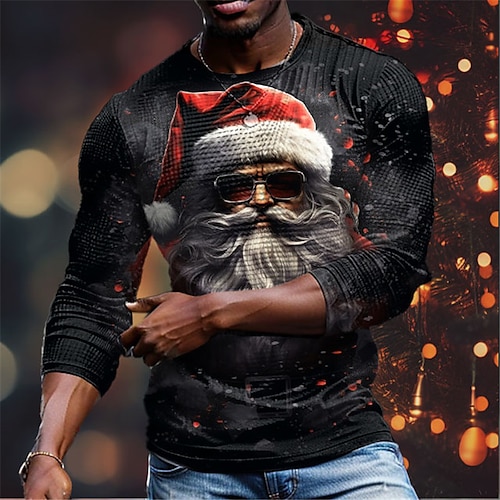 

Graphic Santa Claus Designer Retro Vintage Casual Men's 3D Print T shirt Tee Waffle T Shirt Sports Outdoor Holiday Going out Christmas T shirt Black Dark Gray Long Sleeve Crew Neck Shirt Spring