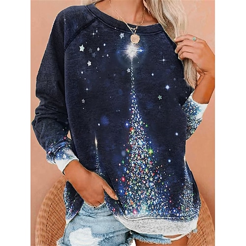 

Damen Zur Seite fahren Weihnachts -Sweatshirt Sportbekleidung Festival Bedruckt Marineblau Weihnachtsbaum Party Weihnachten Rundhalsausschnitt Langarm Oberteil Mikro-elastisch Herbst Winter