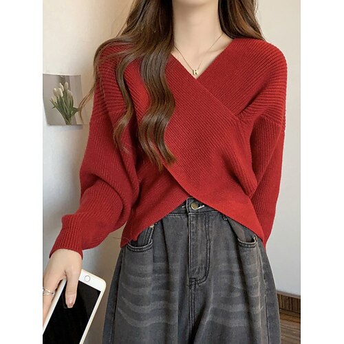 

Mulheres Suéter Cortado Pulôver suéter Decote V Estriado Tricotar Poliéster Tricotado Outono Inverno Curto Ao ar livre Natal Diário à moda Casual Macia Manga Longa Côr Sólida Preto Rosa Vermelho S M L