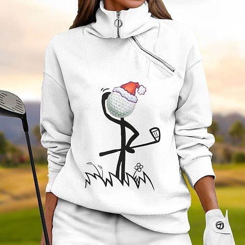 

Sudadera con capucha de golf para mujer, jersey de golf navideño, sudadera de golf, térmica, cálida, transpirable, absorbe la humedad, manga larga, ropa exterior de golf, ajuste regular, cremallera de 1/4, cuello alto, estampado, primavera, otoño, tenis,