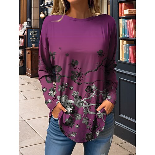 

Mujer Camiseta Negro Azul Piscina Morado Floral Estampado Manga Larga Diario Fin de semana Moda Escote Redondo Ajuste regular Pintura Primavera Otoño